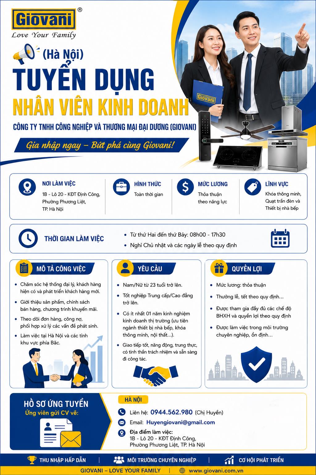 Công ty TNHH Công Nghiệp và Thương Mại Đại Dương (Giovani) tuyển dụng Nhân viên Kinh doanh