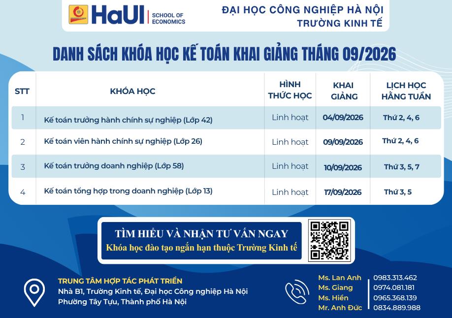 📢 Tổng hợp lịch khai giảng khóa học ngắn hạn tháng 9/2026 — Trường Kinh tế, Đại học Công nghiệp Hà Nội