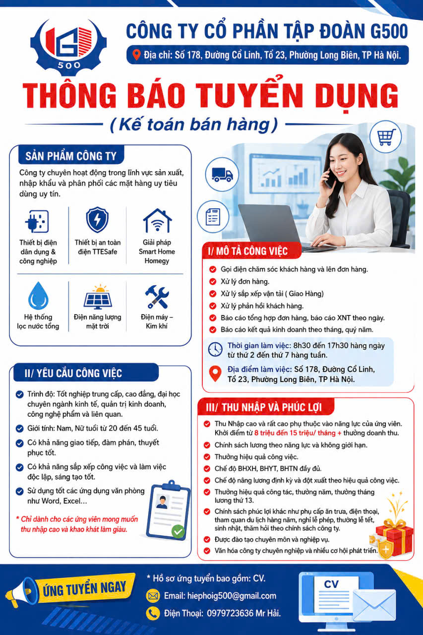 Công ty Cổ phần Tập đoàn G500 tuyển dụng Kế toán bán hàng