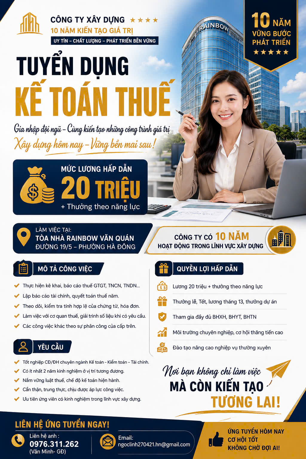 Công ty Xây dựng Rainbow tuyển dụng vị trí Kế toán thuế